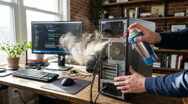 Nettoyage des aérations d'un ordinateur avec une bombe à air comprimé