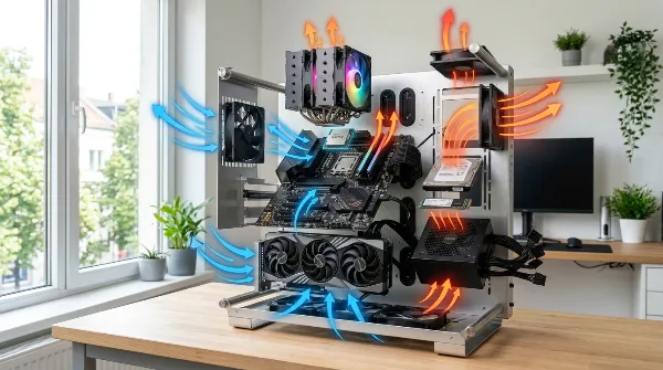 Composants internes d'un ordinateur de bureau avec indication des zones de surchauffe.